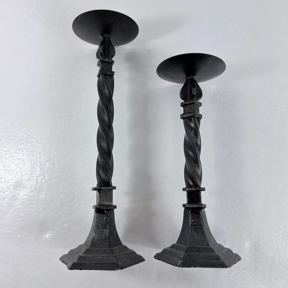 Vintage 2 Black Twist Cast Iron  Candle Holders 14